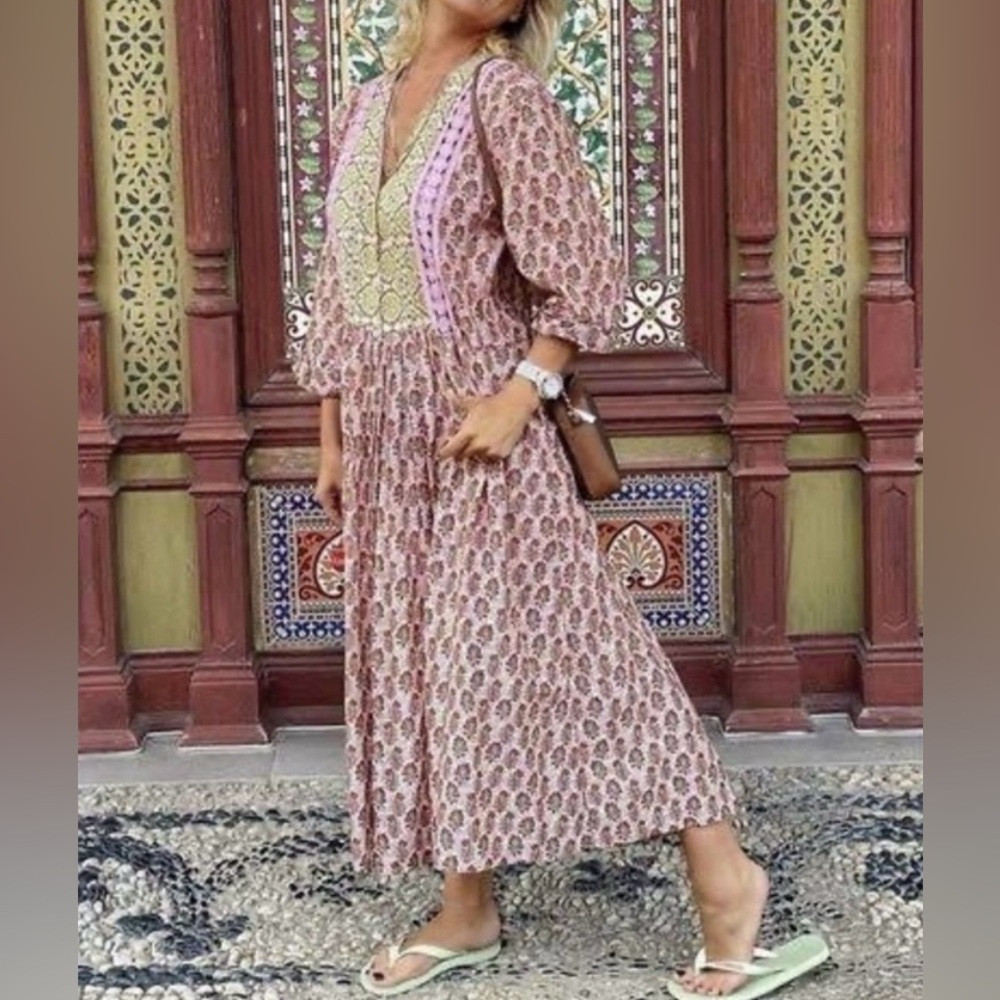 Zara Crochet Trim Printed Cotton Boho Maxi Dress Pale Pink
